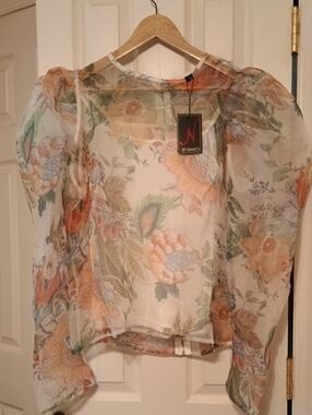 NWT N By Nancy Sheer Floral Organza Puff Sleeve Layered Blouse. Size 2XL